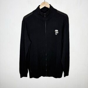 Karl Lagerfeld Full‎ Zip Merino Wool Embroidered Black Cardigan Sweater Men's XL